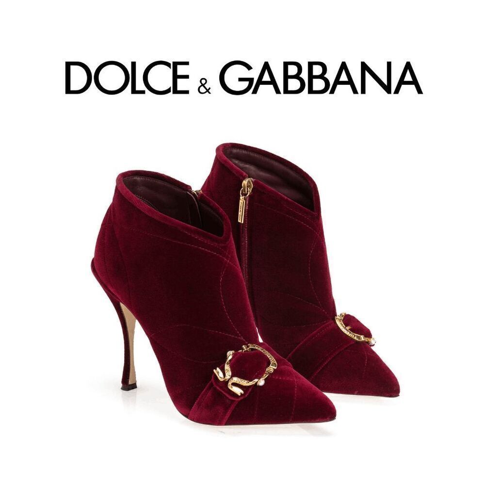 DOLCE & GABBANA Devotion Burgundy Velvet Ankle Boots $1,580 NEW IN BOX Sz 6,5